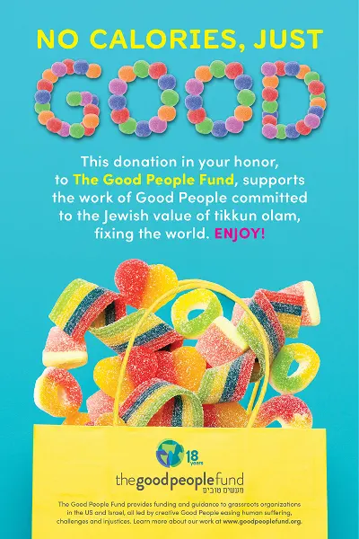 Good People Fund Purim Card design "No Calories, Just Good"